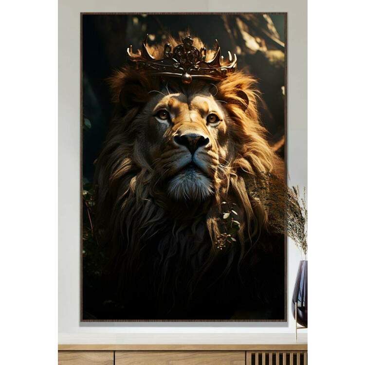 Quadro Decorativo Leo com Coroa Sendo Iluminado Por Luz