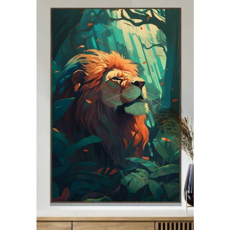 Quadro Decorativo Desenho de Leo em Tons de Laranja e Verde