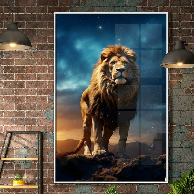 Quadro Decorativo Leo Poderoso e Majestoso com Fundo de Cu Estrelado