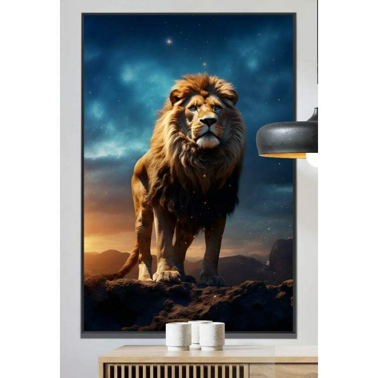 Quadro Decorativo Leo Poderoso e Majestoso com Fundo de Cu Estrelado