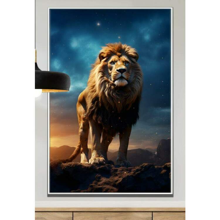 Quadro Decorativo Leo Poderoso e Majestoso com Fundo de Cu Estrelado