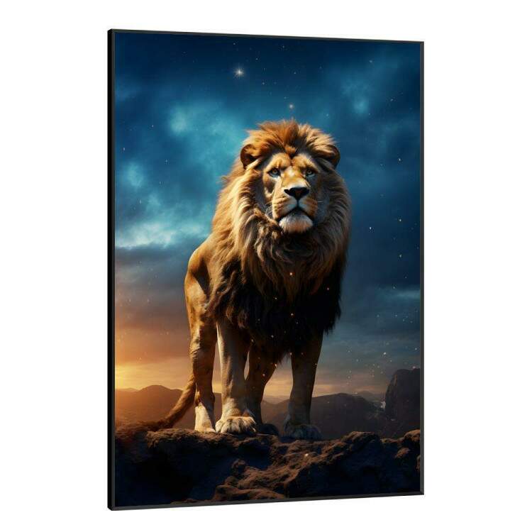 Quadro Decorativo Leo Poderoso e Majestoso com Fundo de Cu Estrelado