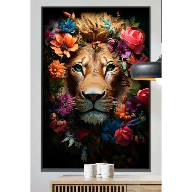 Quadro Decorativo Leo Majestoso com Detalhes Florais Belos