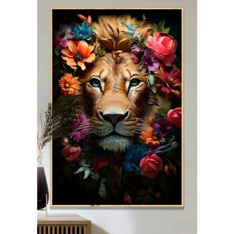 Quadro Decorativo Leo Majestoso com Detalhes Florais Belos