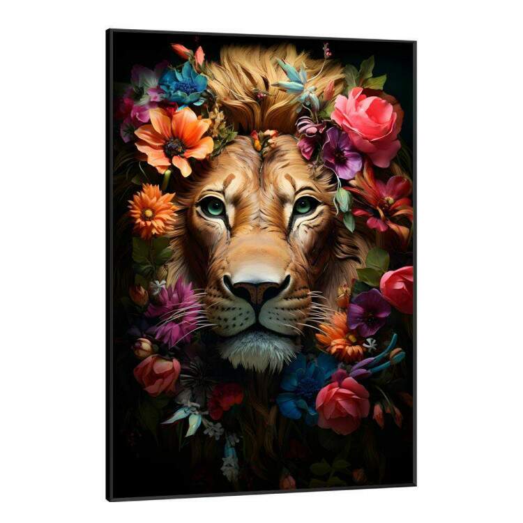 Quadro Decorativo Leo Majestoso com Detalhes Florais Belos