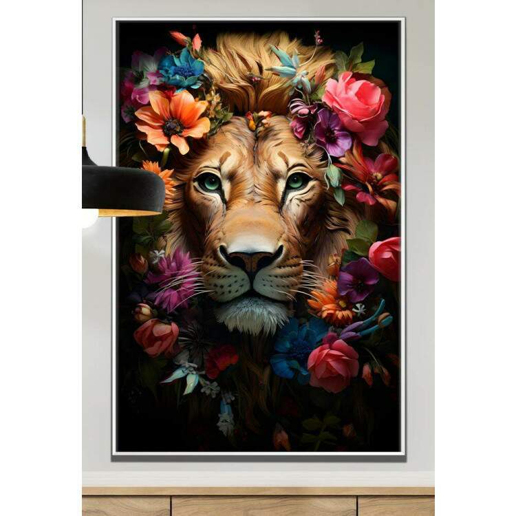 Quadro Decorativo Leo Majestoso com Detalhes Florais Belos