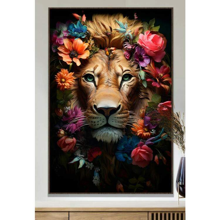 Quadro Decorativo Leo Majestoso com Detalhes Florais Belos