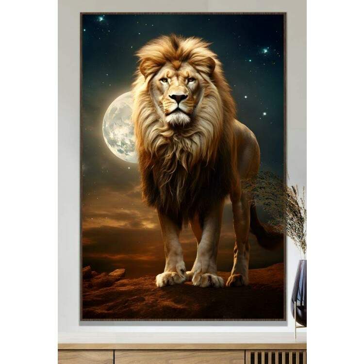 Quadro Decorativo Leo Poderoso Guardio da Natureza com Luar Esbelto no Fundo