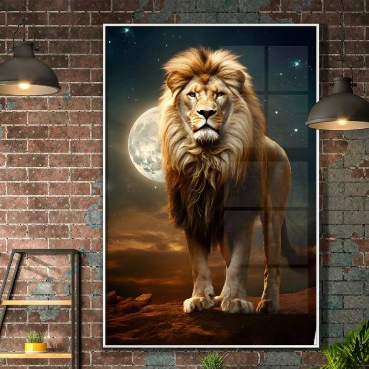 Quadro Decorativo Leo Poderoso Guardio da Natureza com Luar Esbelto no Fundo