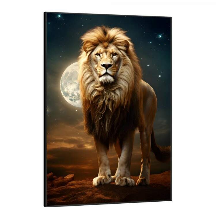 Quadro Decorativo Leo Poderoso Guardio da Natureza com Luar Esbelto no Fundo