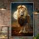 Quadro Decorativo Le�o Poderoso Guardi�o da Natureza com Luar Esbelto no Fundo