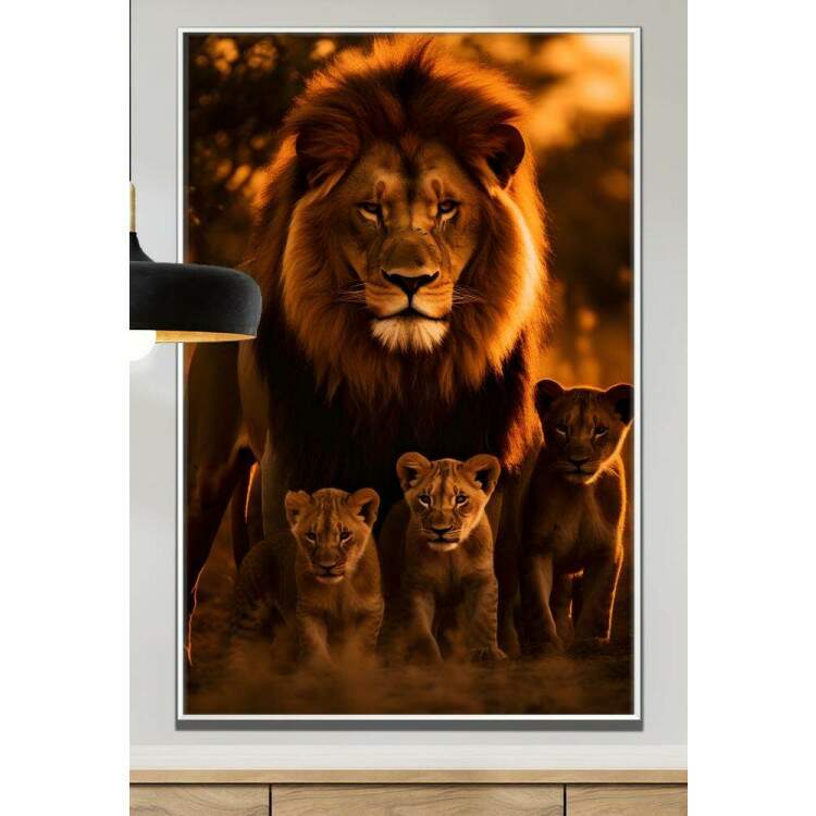 Quadro Decorativo Famlia de Lees Transmitindo Afeto em Savana