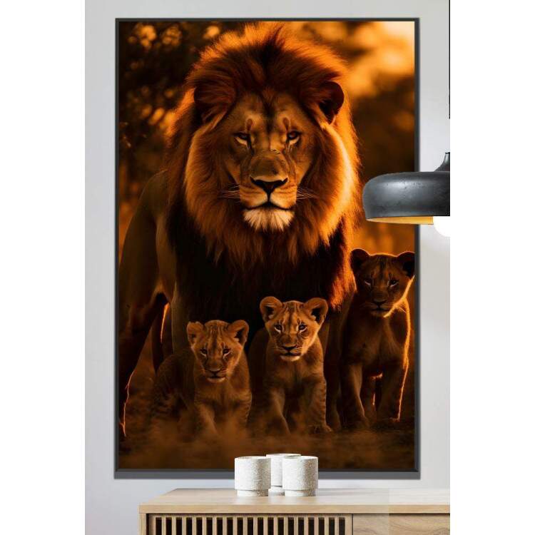 Quadro Decorativo Famlia de Lees Transmitindo Afeto em Savana