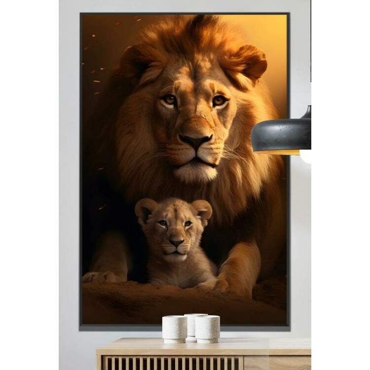 Quadro Decorativo Leo com Seu Filhote Transmitindo Proteo