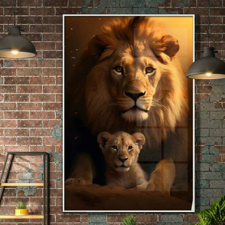 Quadro Decorativo Leo com Seu Filhote Transmitindo Proteo