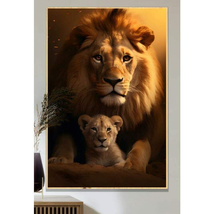 Quadro Decorativo Leo com Seu Filhote Transmitindo Proteo