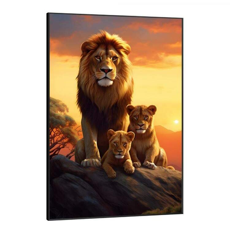 Quadro Decorativo Famlia de Lees com Dois Filhotes