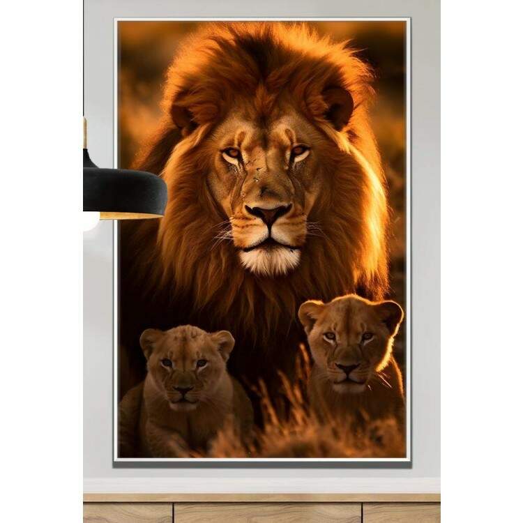 Quadro Decorativo Leo Transmitindo Proteo com Dois Filhotes