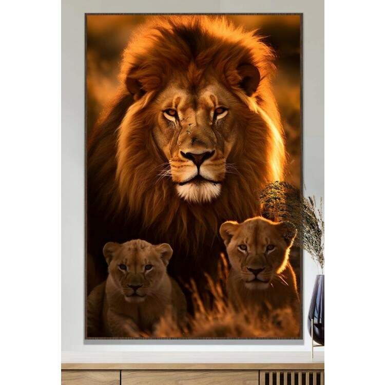 Quadro Decorativo Leo Transmitindo Proteo com Dois Filhotes