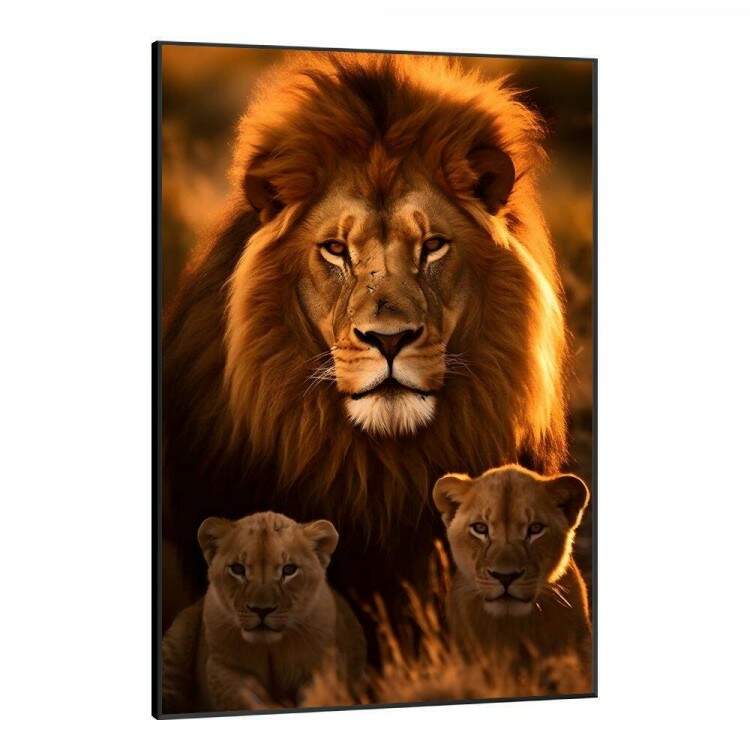 Quadro Decorativo Leo Transmitindo Proteo com Dois Filhotes