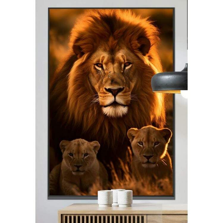 Quadro Decorativo Leo Transmitindo Proteo com Dois Filhotes