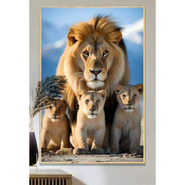 Quadro Decorativo Famlia de Leo com Filhotes de Olhares Intensos