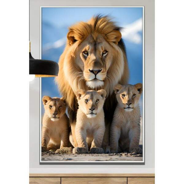 Quadro Decorativo Famlia de Leo com Filhotes de Olhares Intensos