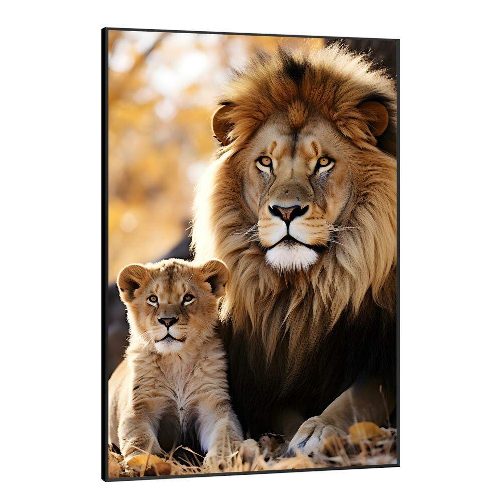 Quadro Decorativo Leo em Repouso com Seu Filhote Felino Observando Selva