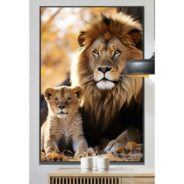 Quadro Decorativo Leo em Repouso com Seu Filhote Felino Observando Selva