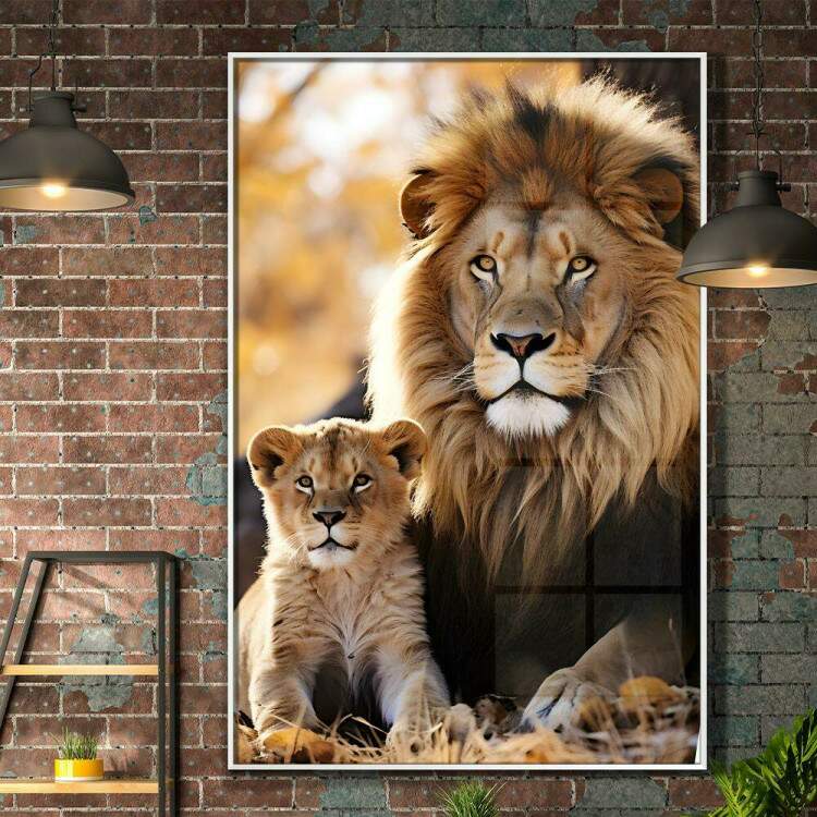 Quadro Decorativo Leo em Repouso com Seu Filhote Felino Observando Selva