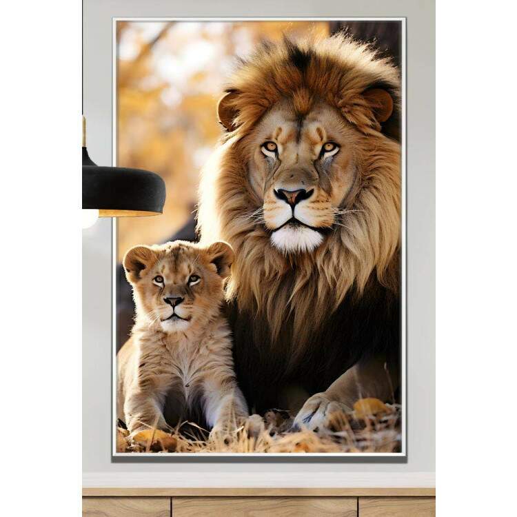 Quadro Decorativo Leo em Repouso com Seu Filhote Felino Observando Selva