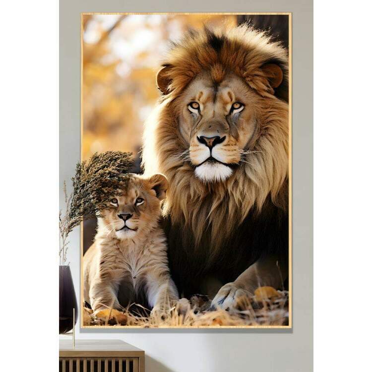 Quadro Decorativo Leo em Repouso com Seu Filhote Felino Observando Selva