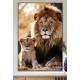 Quadro Decorativo Le�o em Repouso com Seu Filhote Felino Observando Selva