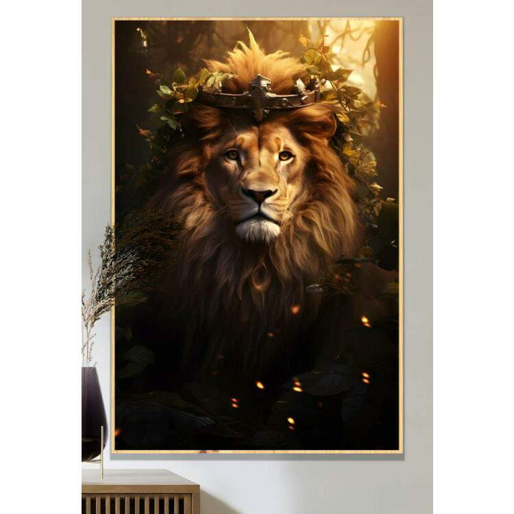 Quadro Decorativo Leo de Jud Majestoso Com Coroa e Folhagens