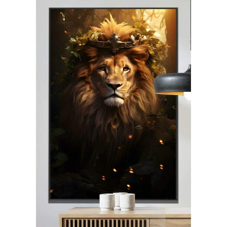 Quadro Decorativo Leo de Jud Majestoso Com Coroa e Folhagens