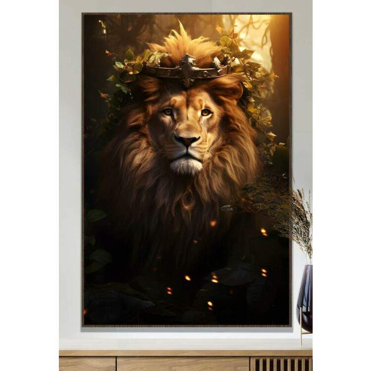 Quadro Decorativo Leo de Jud Majestoso Com Coroa e Folhagens