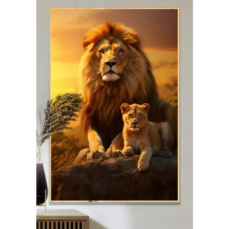 Quadro Decorativo Leo com Seu Filhote e Seu Instinto Paterno de Animal