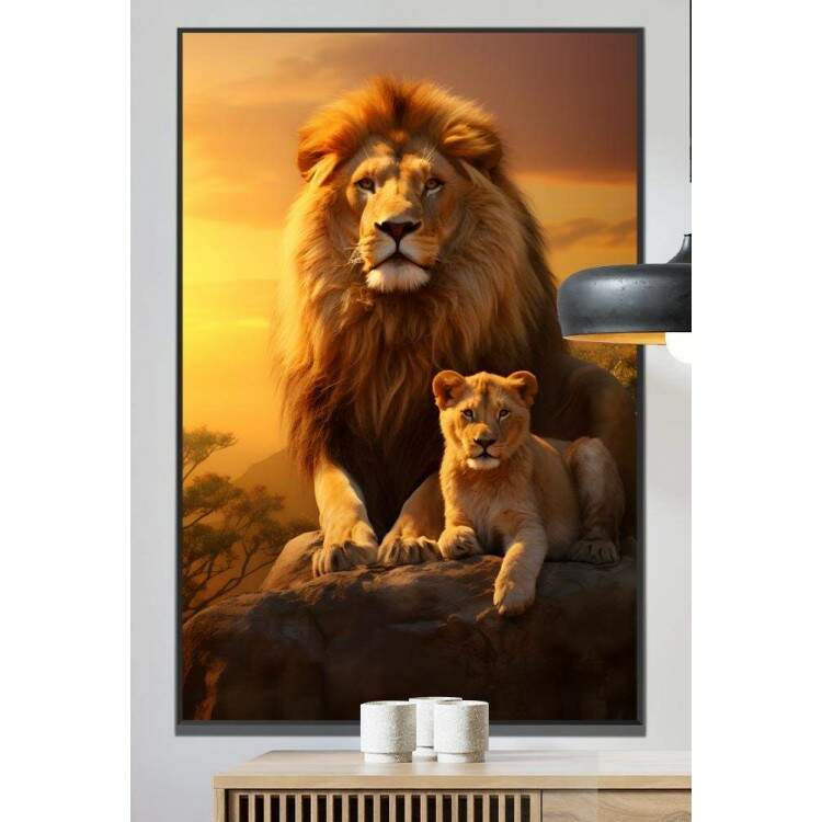 Quadro Decorativo Leo com Seu Filhote e Seu Instinto Paterno de Animal