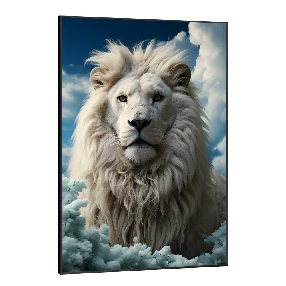Quadro Decorativo Leo Branco Sereno com Fundo Repleto de Nuvens no Cu