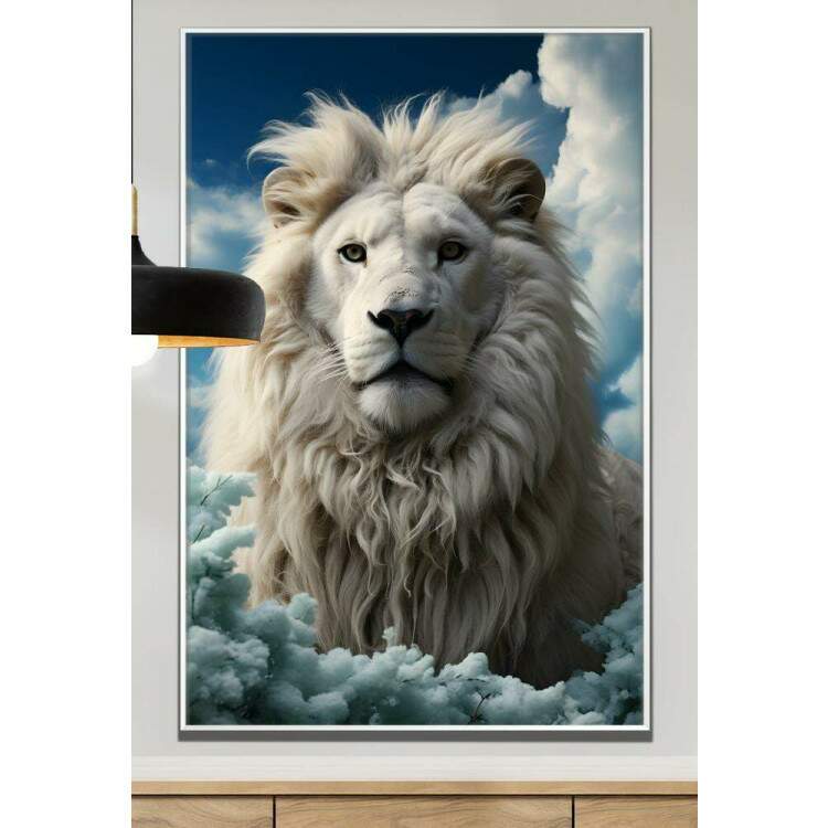 Quadro Decorativo Leo Branco Sereno com Fundo Repleto de Nuvens no Cu