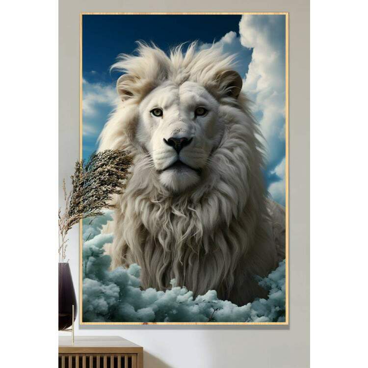 Quadro Decorativo Leo Branco Sereno com Fundo Repleto de Nuvens no Cu