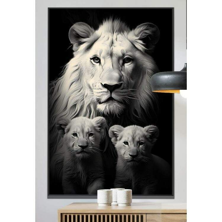 Quadro Decorativo Famlia de Lees Esbeltos Estilo Preto e Branco