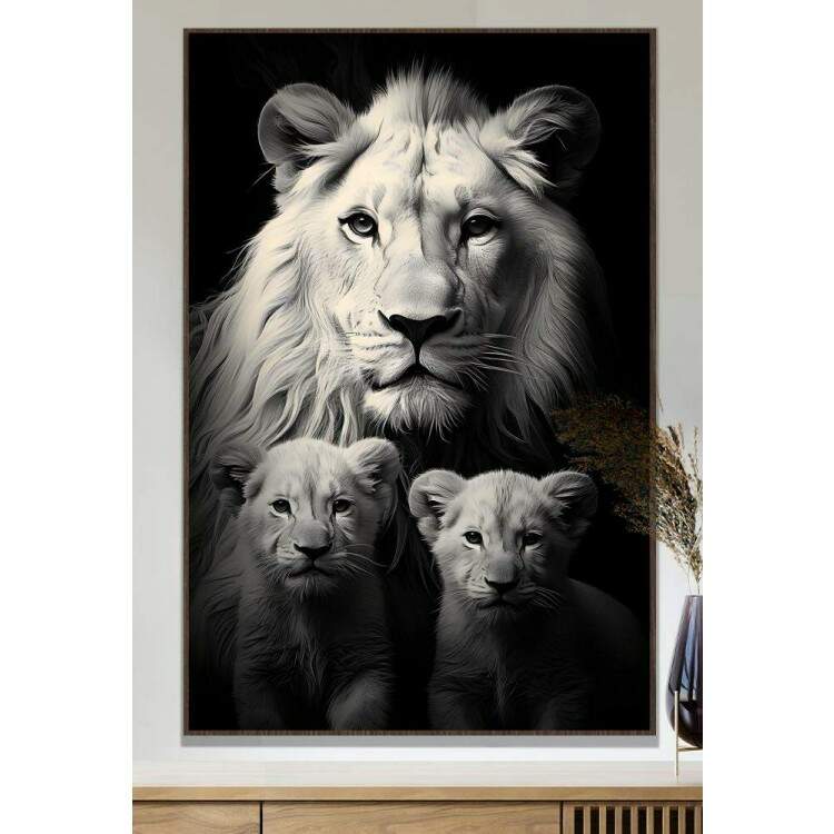 Quadro Decorativo Famlia de Lees Esbeltos Estilo Preto e Branco