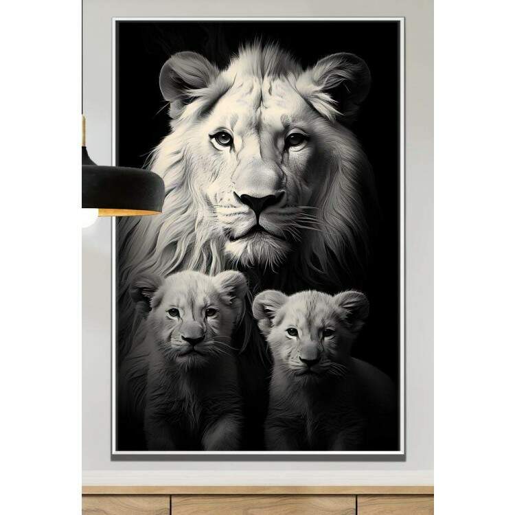 Quadro Decorativo Famlia de Lees Esbeltos Estilo Preto e Branco