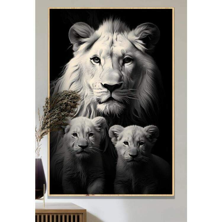 Quadro Decorativo Famlia de Lees Esbeltos Estilo Preto e Branco