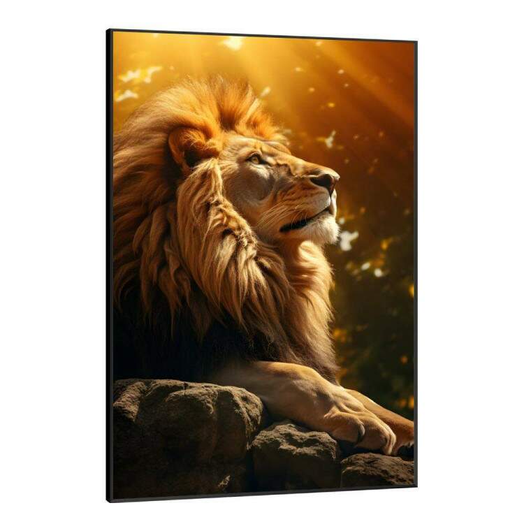 Quadro Decorativo Leo Majestoso Repousando em Pedras Sendo Iluminado Por Luz