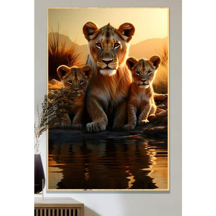 Quadro Decorativo Famlia de Leoas Sendo Refletida em Rio