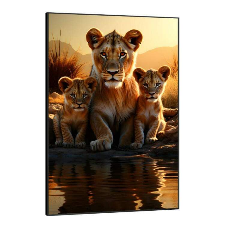 Quadro Decorativo Famlia de Leoas Sendo Refletida em Rio