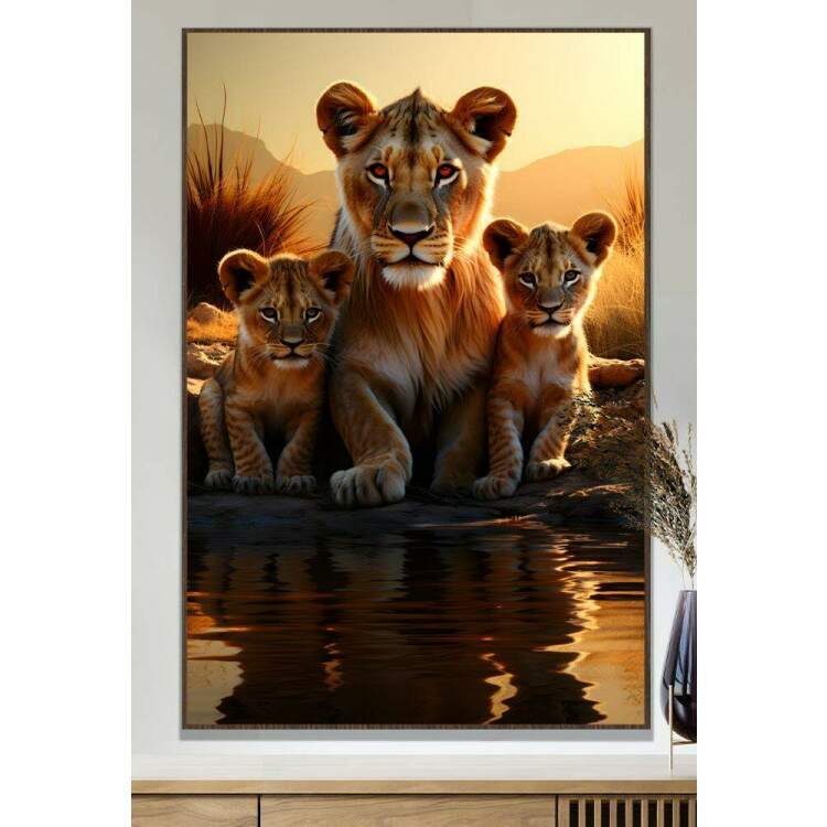 Quadro Decorativo Famlia de Leoas Sendo Refletida em Rio