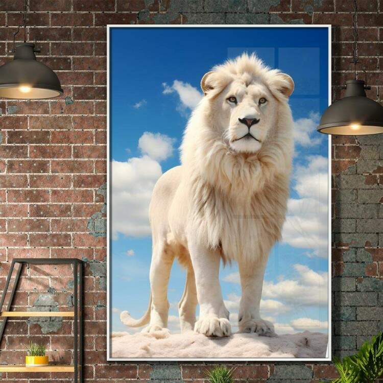 Quadro Decorativo Leo Branco Poderoso com Belo Cu no Fundo